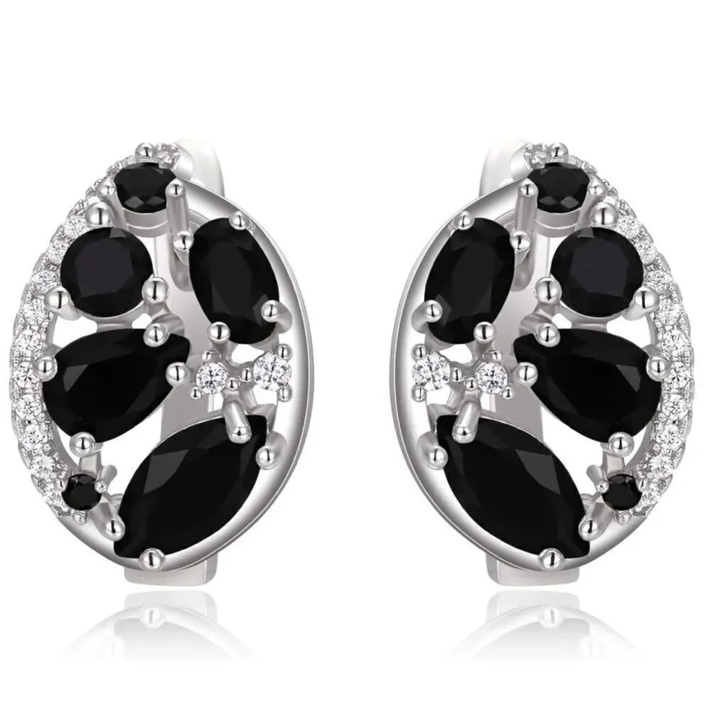 Silver with Black Onyx and Diamond Cubic Zirconia French Clip Oval Drop Earrings